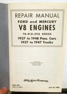 1937 Repair Manual Ford Mercury V8 Engines 37 to 48 Cars 37 to 47 Trucks Repro