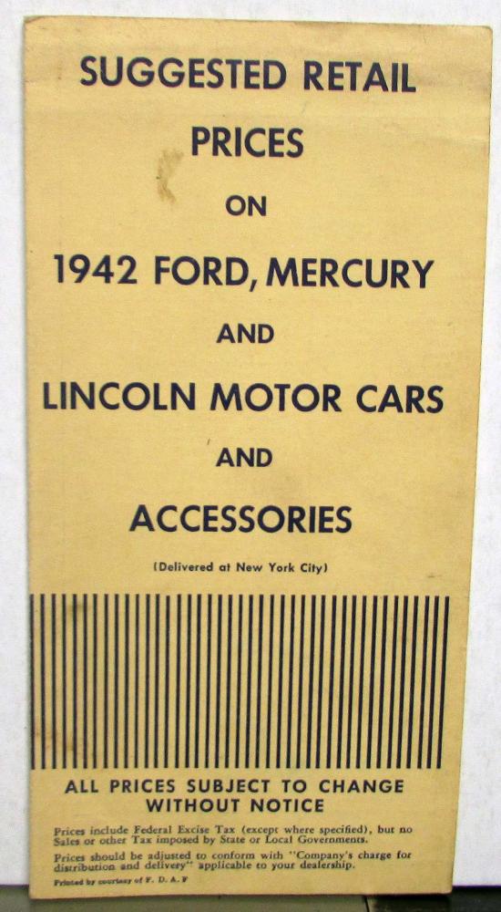1942 Ford Lincoln Mercury Suggested Prices Accessories Car Truck Commercial