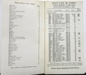1924 Ford Model T Price List of Parts & Accessories 1909 Thru 1924 Models Orig