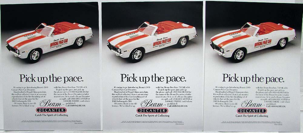 1969 Chevrolet Camaro Indy 500 Pace Car Jim Beam Decanter Ad Sheet - Set of 3