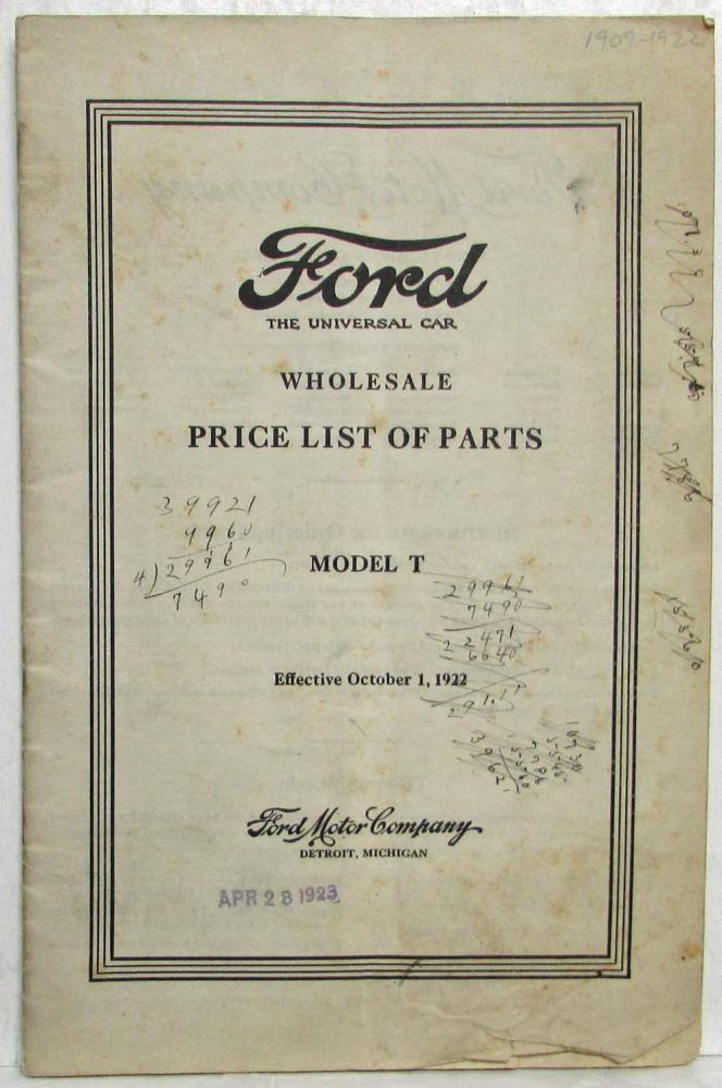 1909 Thru 1922 Ford Model T Price List of Parts Effective Date Oct 1 1922 Orig