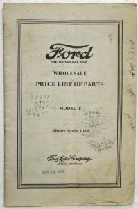 1909 Thru 1922 Ford Model T Price List of Parts Effective Date Oct 1 1922 Orig