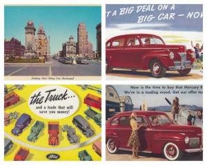 1940s-1950s Mercury Ford Cars Set of 4 Vintage Postcards