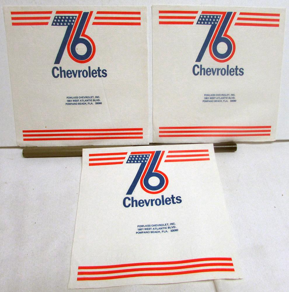 1976 Chevrolet Dealer Promotional Napkins Set Fowlkes Chevy Pompano Beach Fl