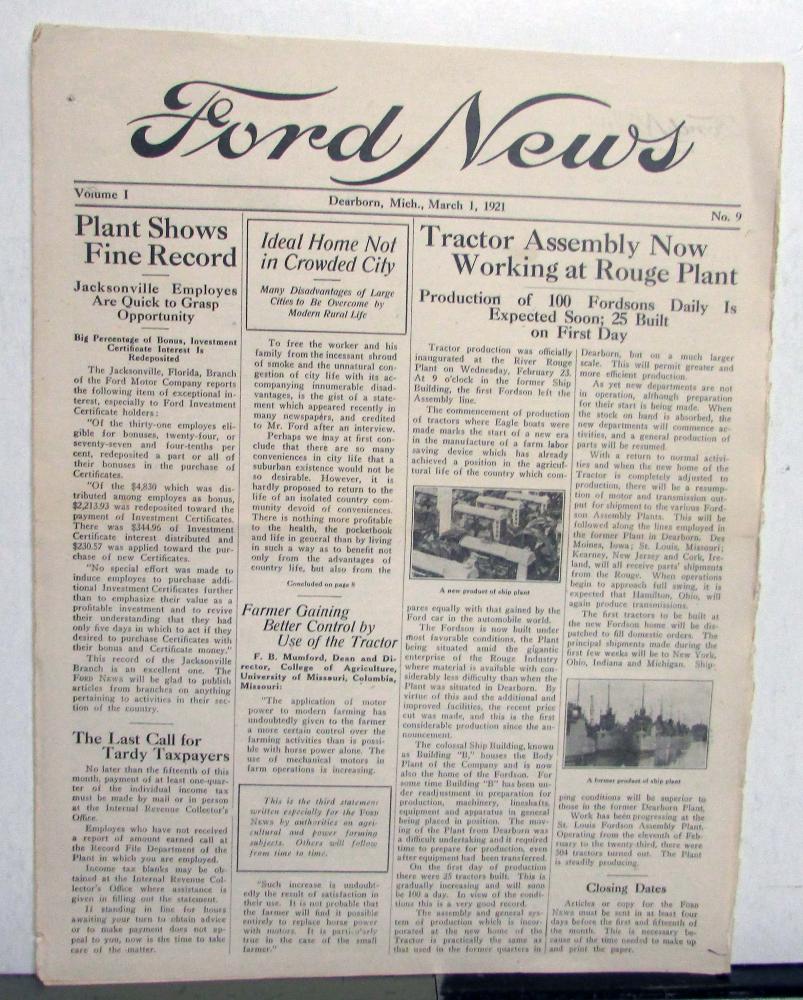 1921 Ford News 3/1/21 Model T  Employee Paper
