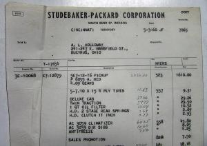 1960 Studebaker Dealer Invoice Truck 5E7-12-T6 Options Price Holloway Bucyrus Oh