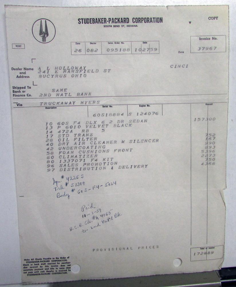 1960 Studebaker Dealer Invoices Car Set Of 7 Options Price Holloway