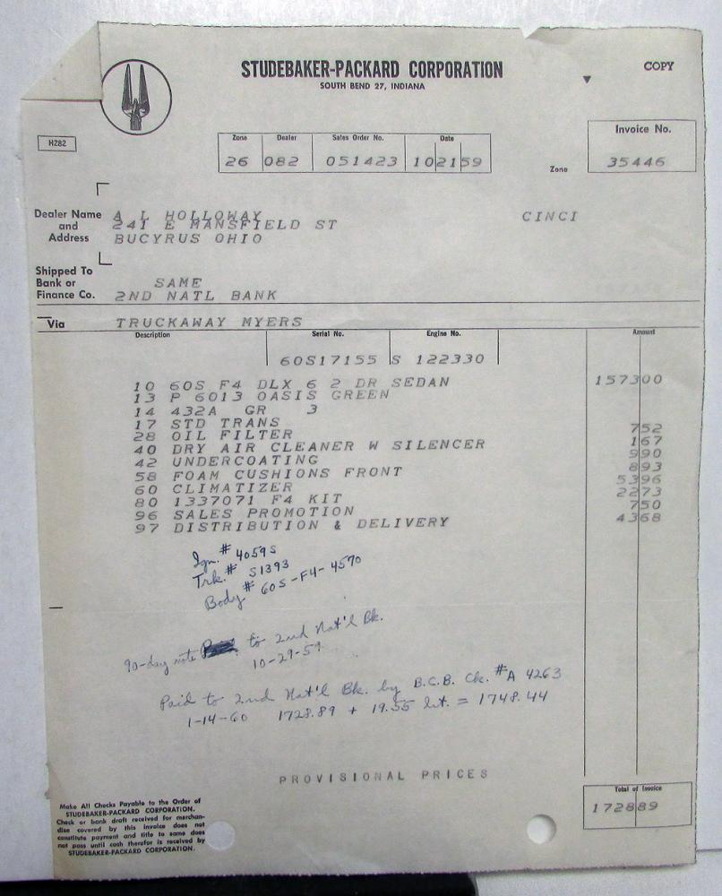 1960 Studebaker Dealer Invoices Car Set Of 7 Options Price Holloway