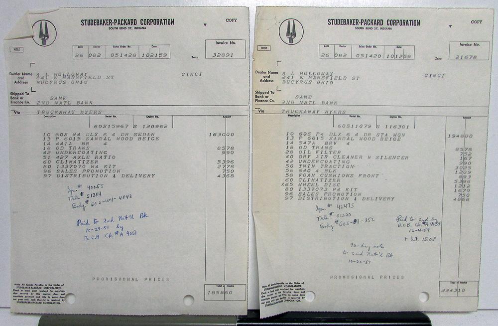 1960 Studebaker Dealer Invoices Car Set Of 7 Options Price Holloway