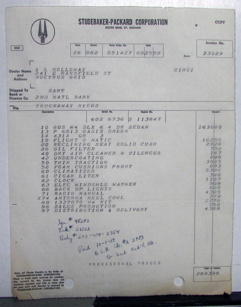 1960 Studebaker Dealer Invoices Car Set Of 7 Options Price Holloway