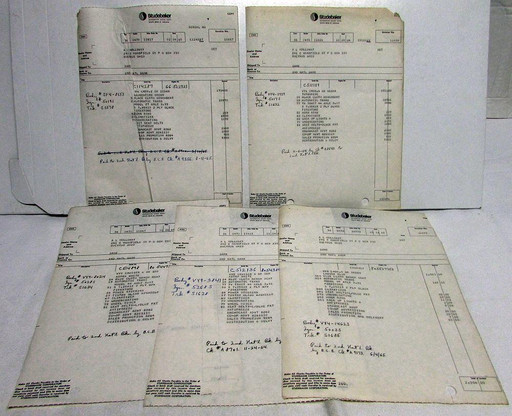 1965 Studebaker Dealer Invoices Car Set Of 5 Options Price Holloway