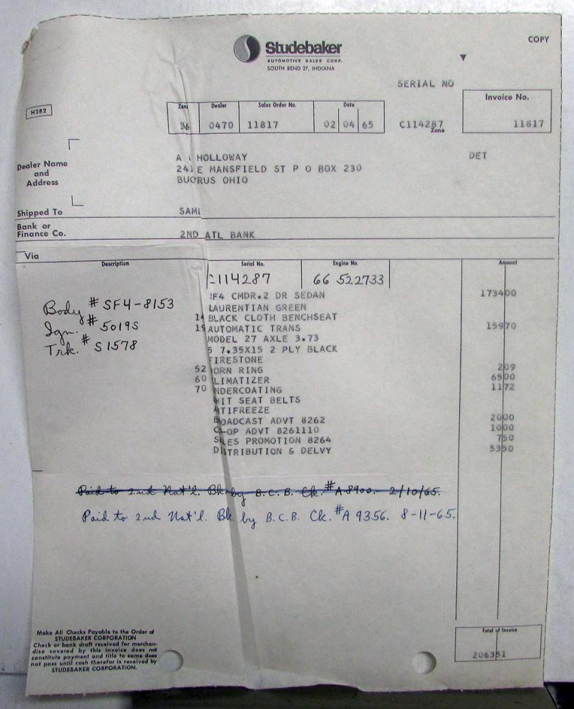 1965 Studebaker Dealer Invoices Car Set Of 5 Options Price Holloway