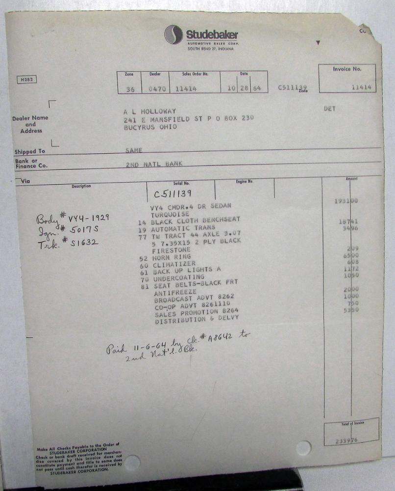 1965 Studebaker Dealer Invoices Car Set Of 5 Options Price Holloway