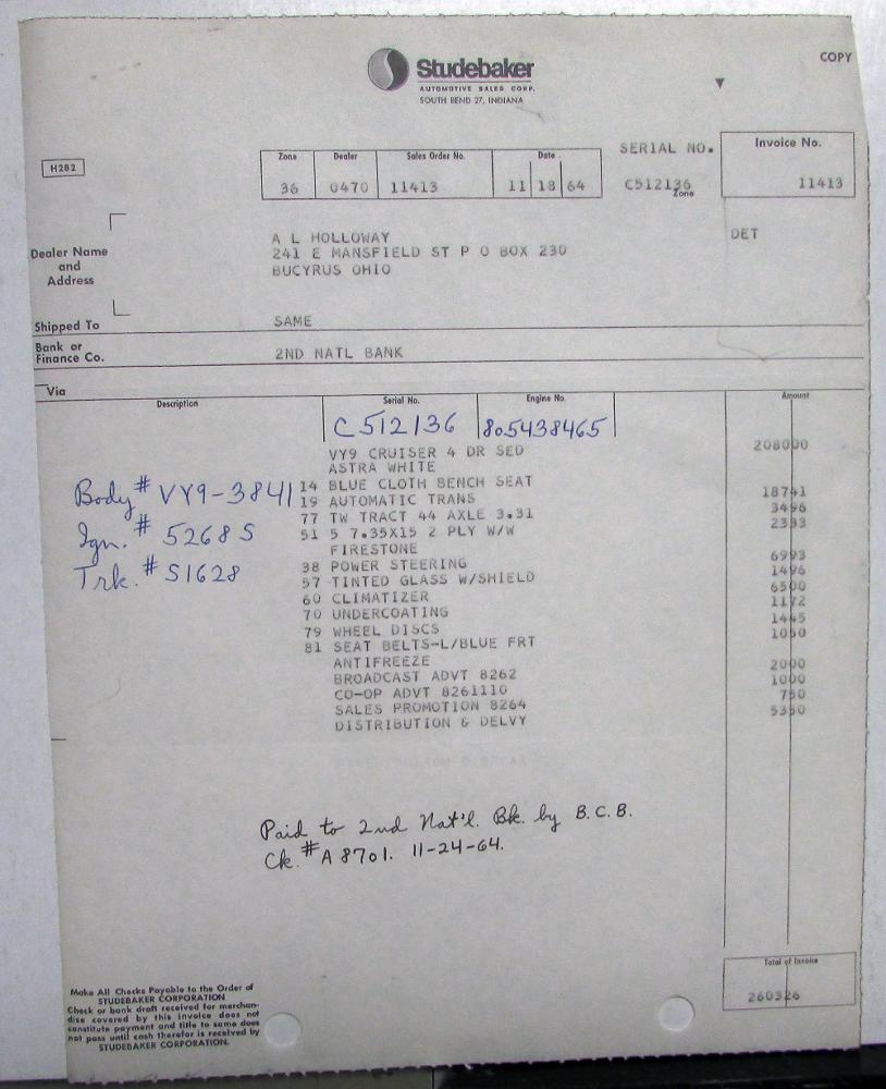 1965 Studebaker Dealer Invoices Car Set Of 5 Options Price Holloway