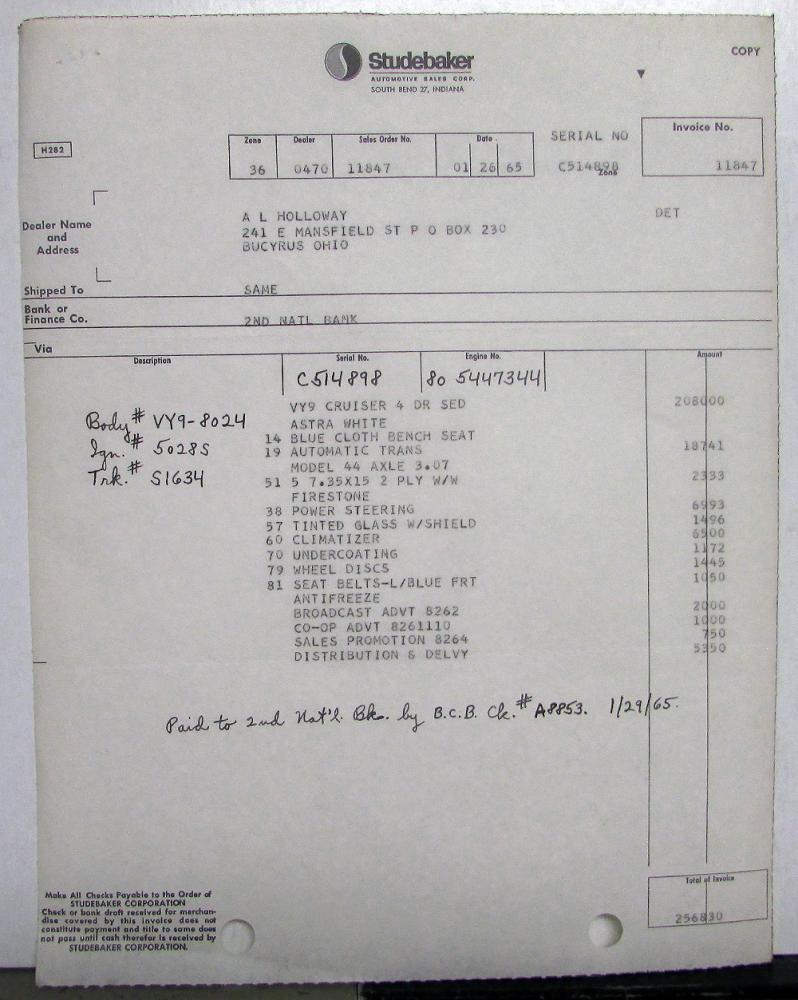 1965 Studebaker Dealer Invoices Car Set Of 5 Options Price Holloway