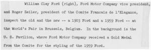 1903 and 1959 Ford Cars at Worlds Fair in Belgium Press Photo and Release 0595