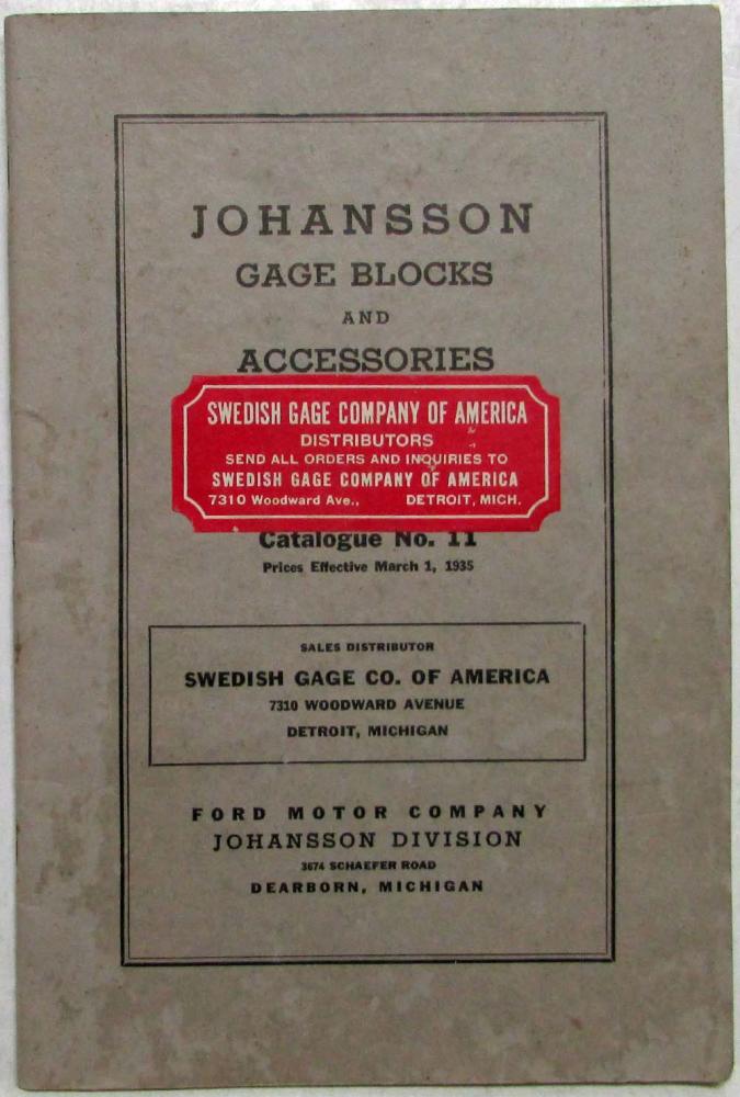 1935 Ford Motor Co Johansson Division Gage Blocks & Accessories Catalogue No 11
