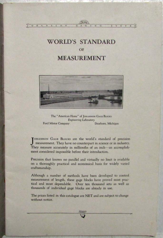 1935 Ford Motor Co Johansson Division Gage Blocks & Accessories Catalogue No 11