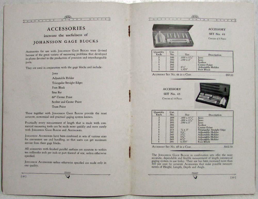 1935 Ford Motor Co Johansson Division Gage Blocks & Accessories Catalogue No 11