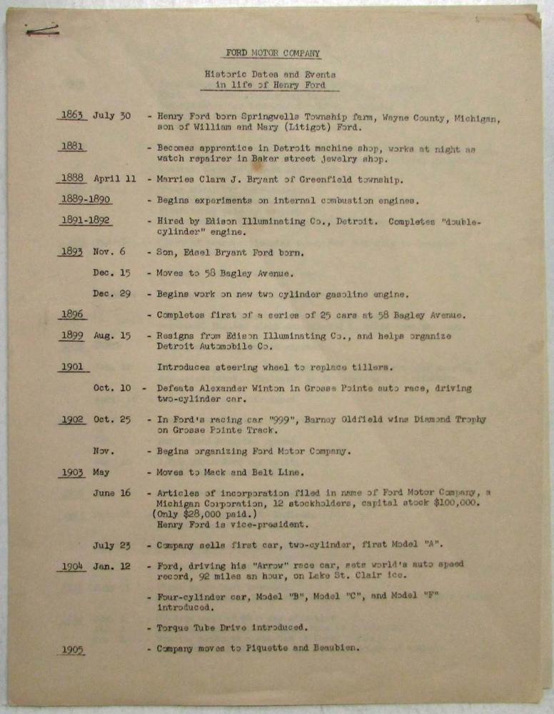 1945 Ford Motor Company List of Historic Dates and Events in Life of Henry Ford
