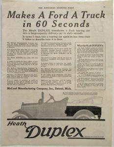 1918 Ford Car to a Truck with Heath Duplex Sales Ad from Saturday Evening Post