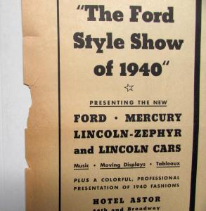 1940 The Ford Style Show Presenting Ford Mercury Lincoln-Zephyr Cars Ad Proof