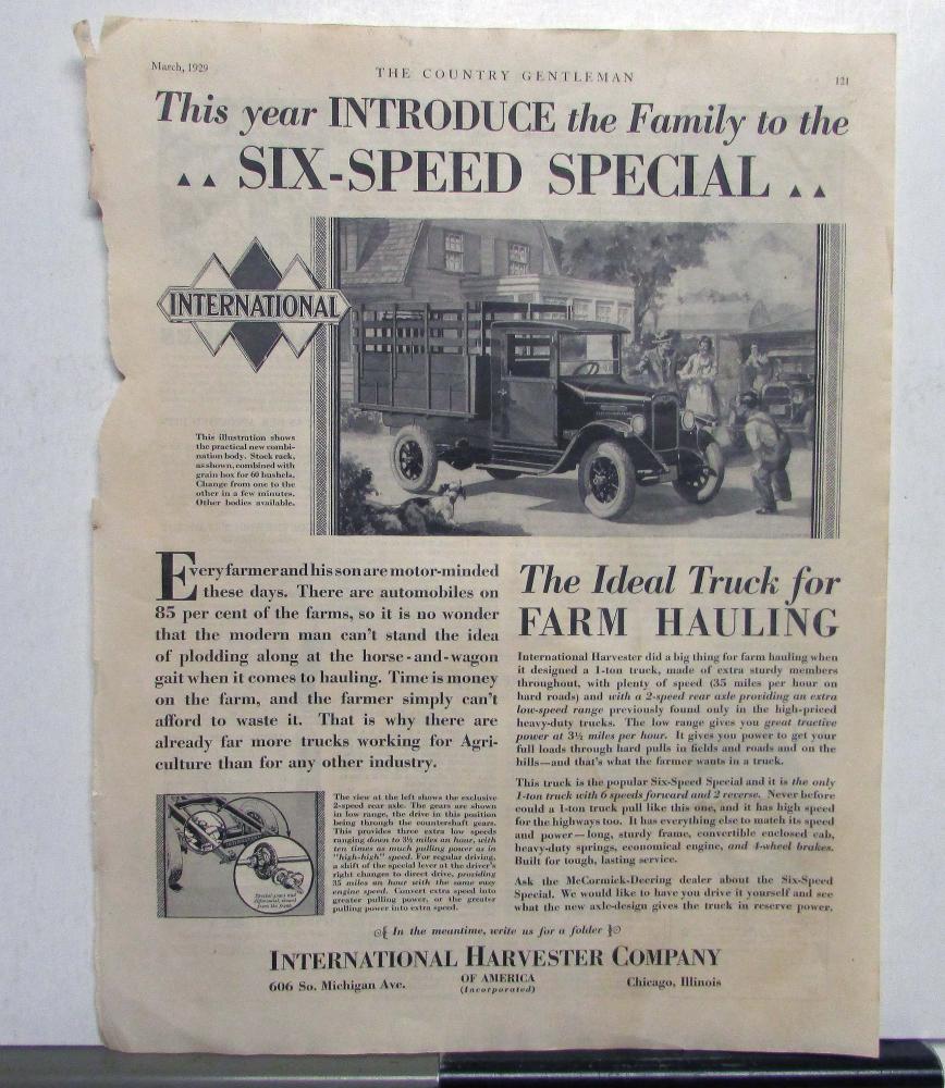1929 International Harvester Farm Truck Six-Speed Special Country Gentleman  Ad