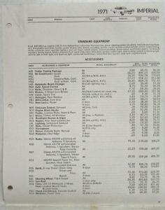 1971 Chrysler Imperial Factory Option Accessories Aftermarket Co Price Sheet