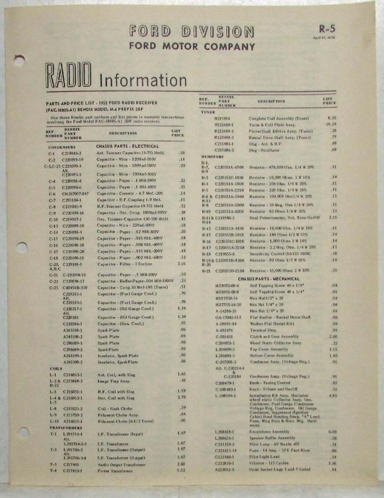 1952 Ford Radio Information Parts and Price List