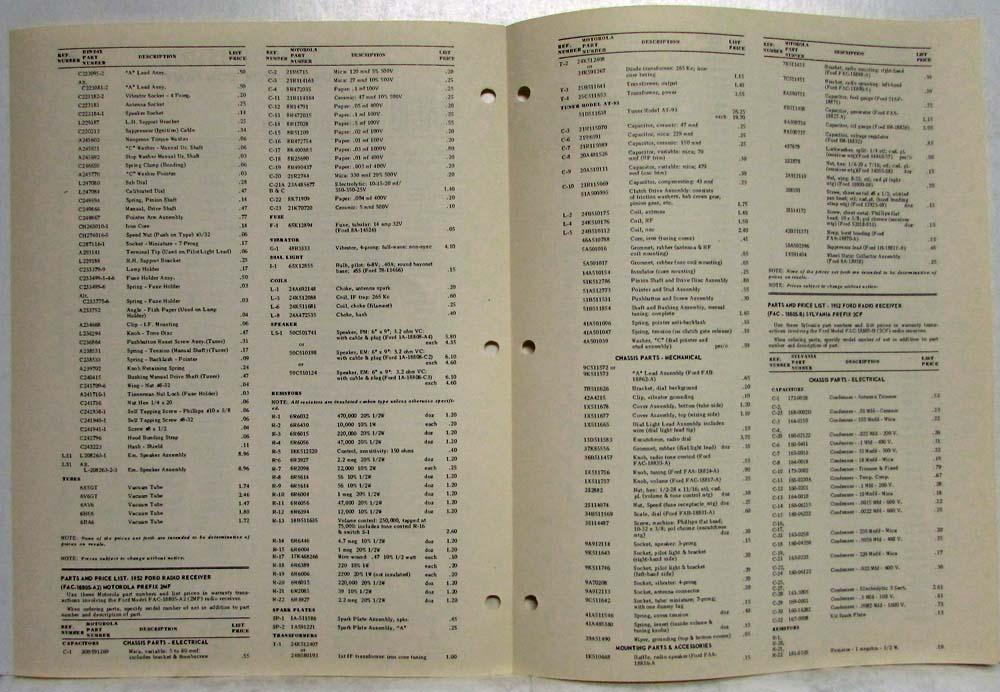 1952 Ford Radio Information Parts and Price List