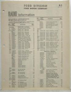 1952 Ford Radio Information Parts and Price List