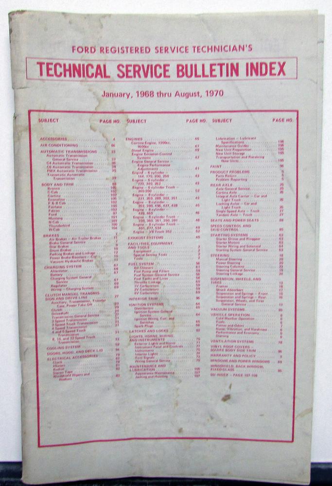 1968-1970 Ford Registered Service Technicians Technical Service Bulletin Index