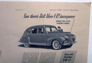 1940 Lincoln Zephyr Car V12 Sedan Horsepower Ad Proof