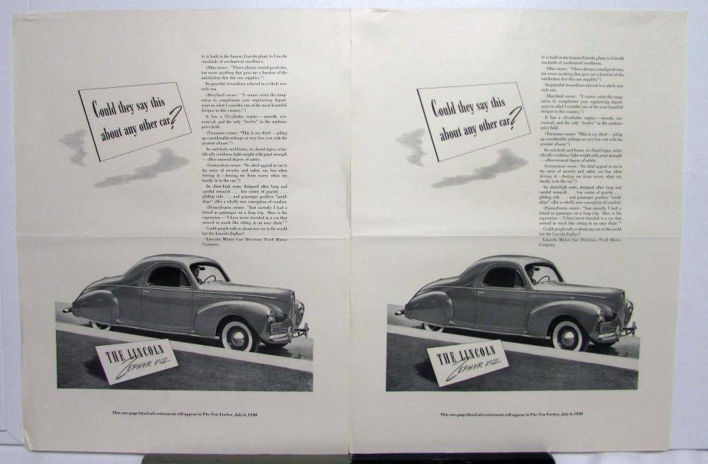 1940 Lincoln Car Zephyr V 12 Coupe The New Yorker Ad Proof