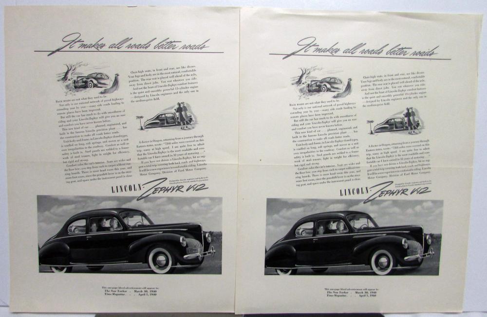 1940 Lincoln Ford Car Zephyr V12 Coupe All Roads Ad Proof