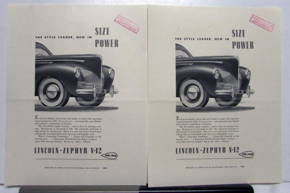 1940 Lincoln Ford Car Zephyr V12 Size & Power Ad Proof
