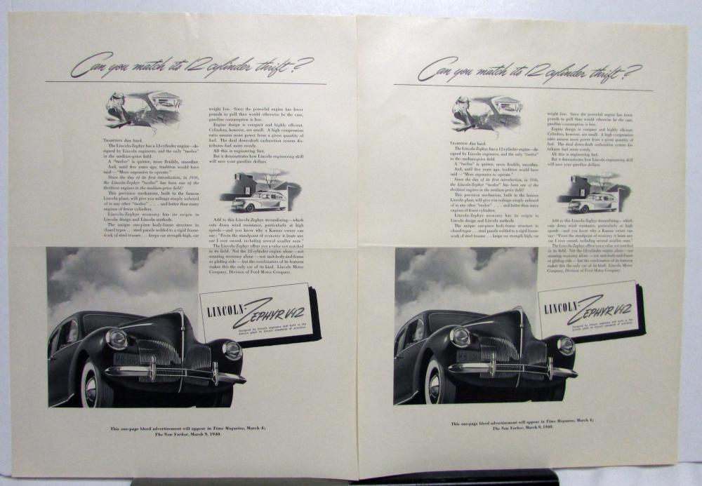1940 Lincoln V12 Zephyr Sedan 12 Cylinder Thrift Ad Proof