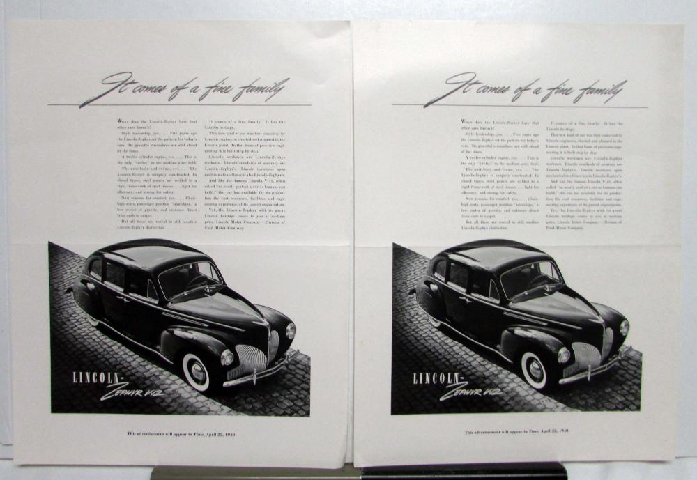 1940 Lincoln V12 Zephyr 12 Cylinder Sedan Style Leadership Ad Proof