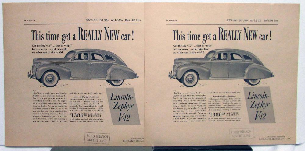 1939 Lincoln V12 Zephyr Sedan Really New Ad Proof