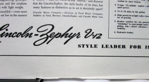 1939 Lincoln Zephyr V12 Sedan 12 Cylinder Style Leader Ad Proof 14.75x17