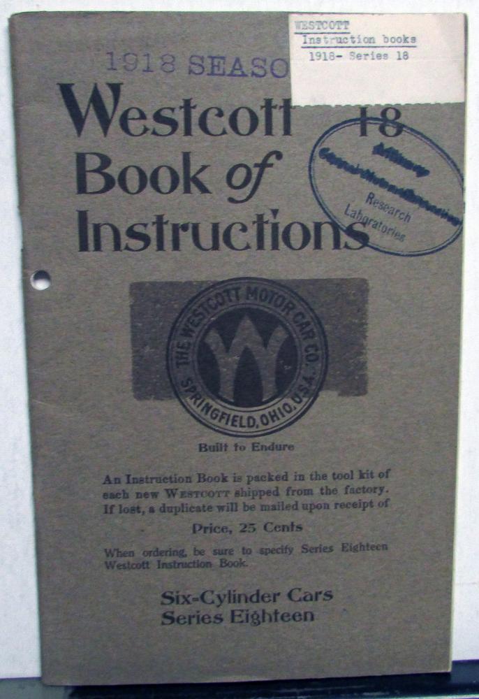1918 Westcott Series 18 Owners Manual Book of Instructions