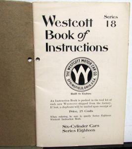 1918 Westcott Series 18 Owners Manual Book of Instructions