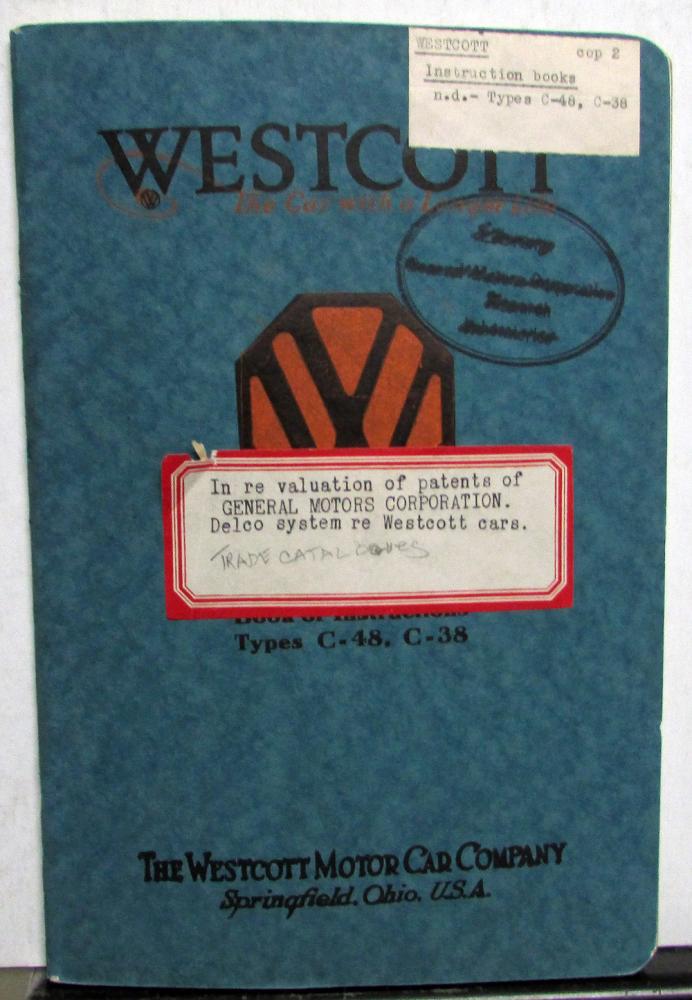 1920-1921 Westcott Type C-48 and C-38 Owners Manual Book of Instructions