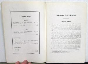 1920-1921 Westcott Type C-48 and C-38 Owners Manual Book of Instructions