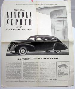 1939 Lincoln Zephyr V12 Sedan 12 Cylinder Style Leader Ad Proof 23x19