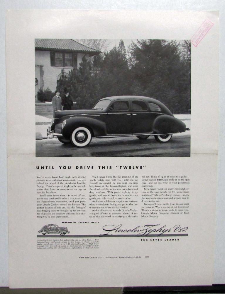 1939 Lincoln Ford Zephyr V 12 Sedan Style Leader Ad Proof 15x11.25