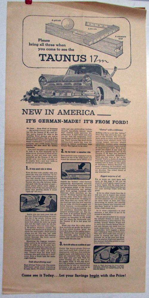 1957 Ford Taunus 17M Ad Proof Original