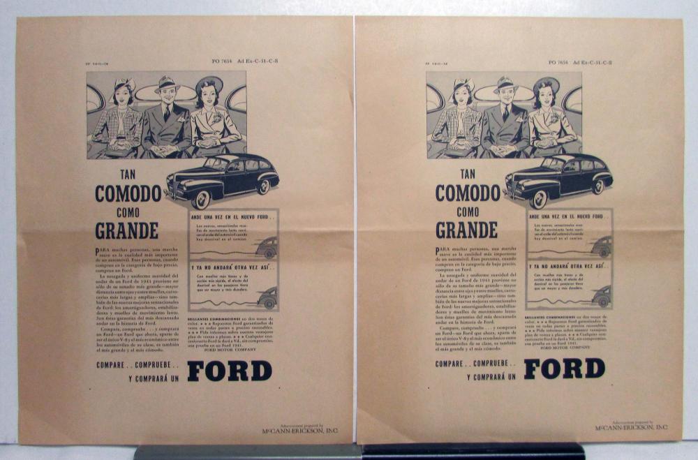1941 Ford V8 As Comfortable As It Is Big Ad Proofs Original Spanish Text
