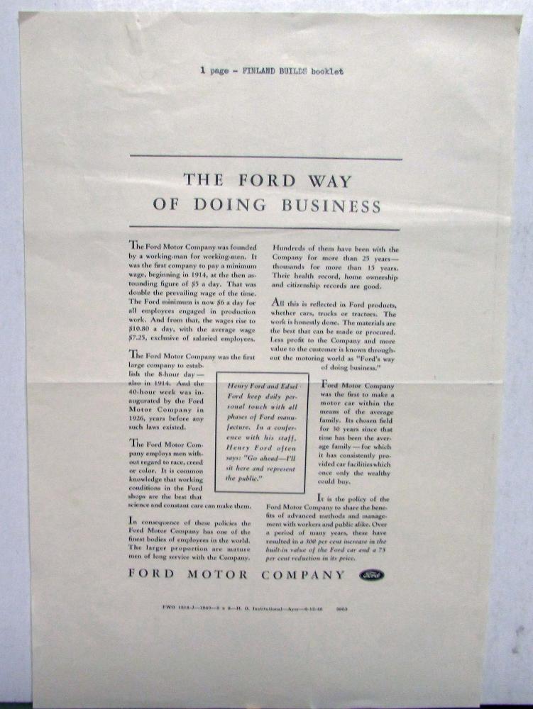 1940 Ford The Ford Way Of Doing Business Ad Proof Original