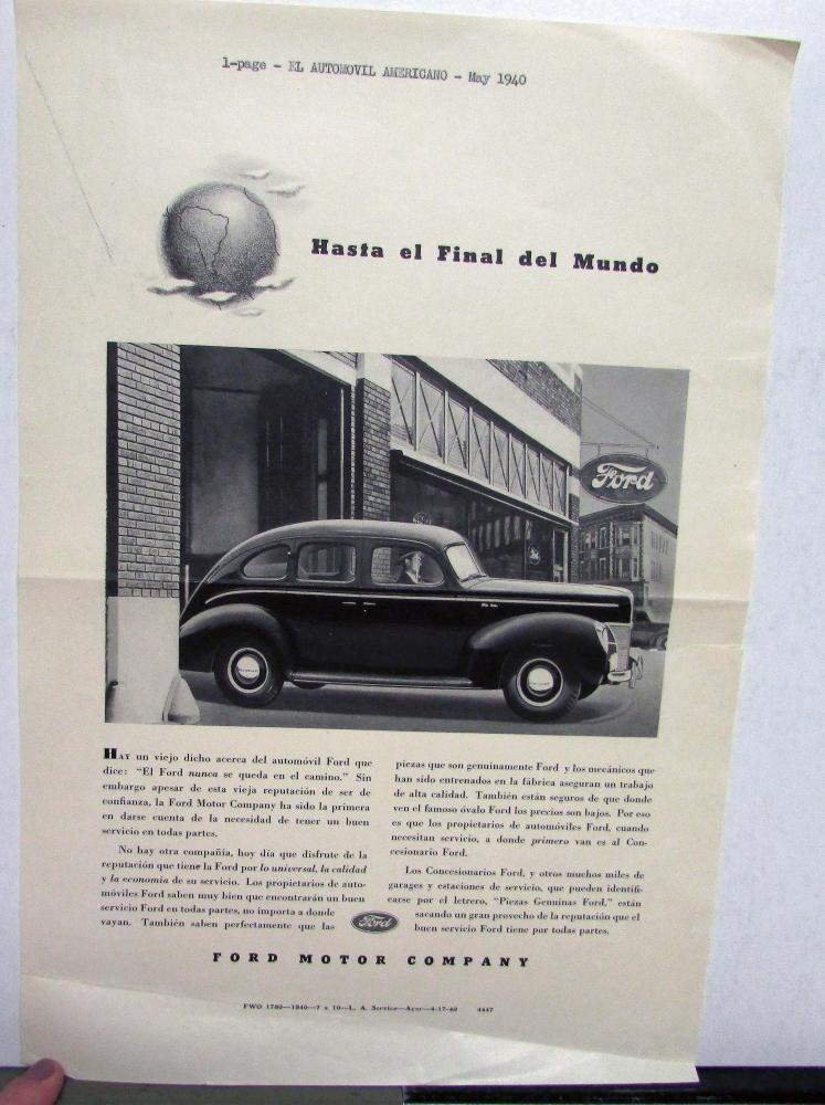 1940 Ford Sedan Until The End of The World Ad Proof Spanish Text Original